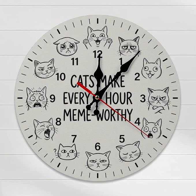 Cat Meme Faces Wooden Wall Clock Silent Non-Ticking Battery Operated | Modern Frameless Home Decor for Playroom Office Bedroom Kitchen Animal Lover Gift