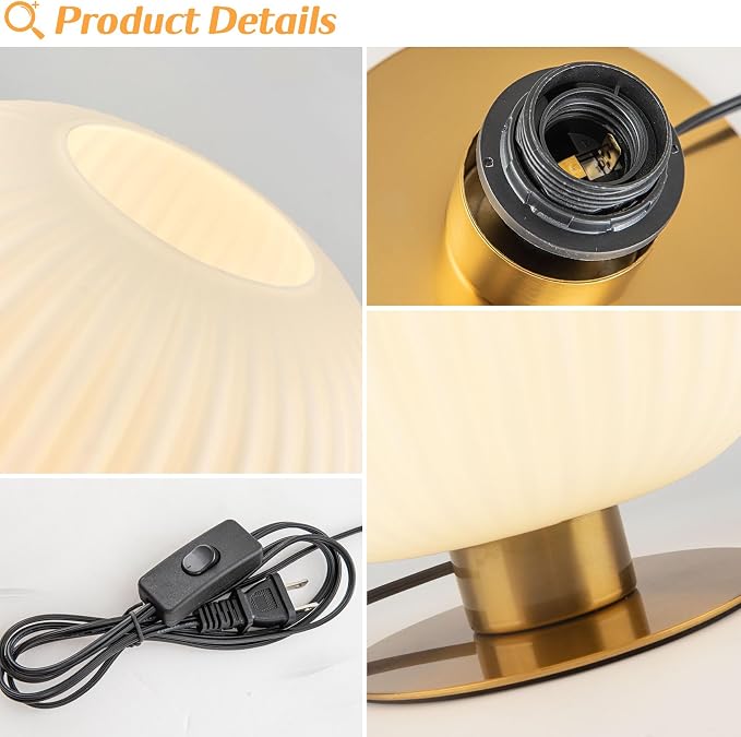 Small Bedside Table Lamp Milk Glass Table Lamp Vintage Gold Nightstand Lamp Mid Century Modern Lamps White Bedside Lamp with Brass Metal Base for Bedroom Living Room Study Office Corner