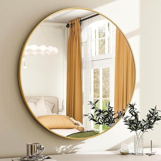 36 Inch Round Bathroom Mirror - Gold Wall Mounted Circle Mirror with Metal Frame, Modern Round Hanging Mirror Suitable for Bathroom, Vanity, Entryway, Living Room