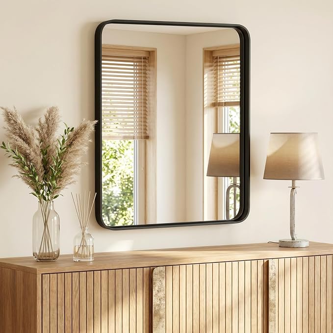 NEWBULIG 30X36 Inch Bathroom Mirror for Over Sink, Wall Vanity Mirrors Tempered Glass, Anti-Rust Metal Framed Rounded Rectangle, Hangs Horizontally or Vertically, Farmhouse Home Decor, Black