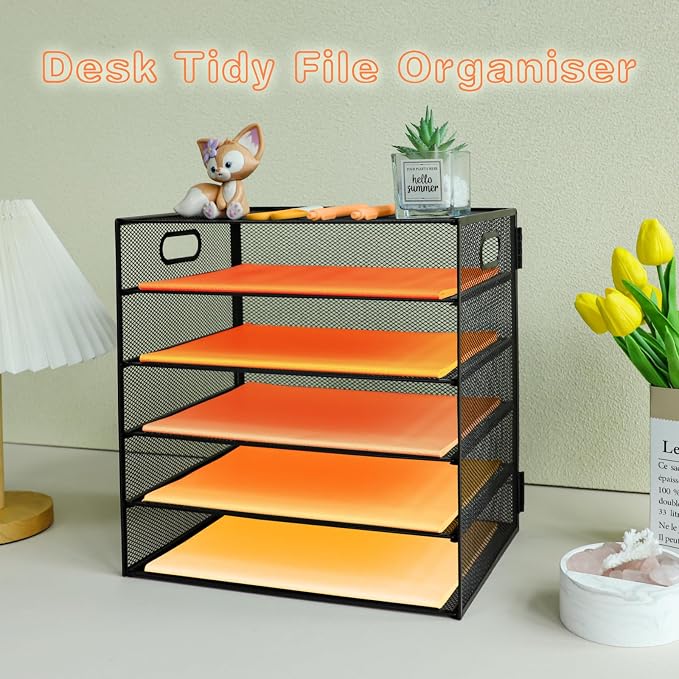 5-Tier Paper Letter Tray Organizer with File Holder,Paper Sorter Desk Organizer Metal mesh Desk Tray for Home Office School