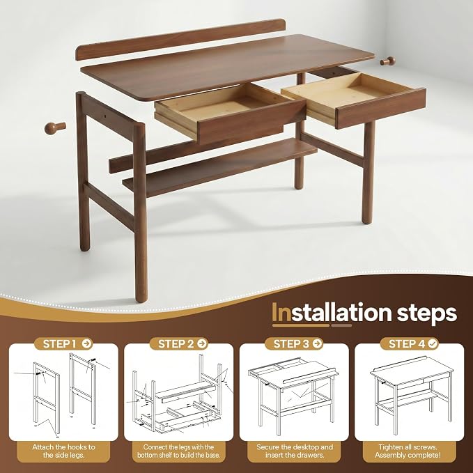 Solid Wood Study Desk & Home Office Writing Table with Drawers, 31" Vintage Mid Century Modern Computer Desk, Home Office Workstation for Bedroom, Small Spaces, Apartment(Walnut,31.5 Inch Wide)