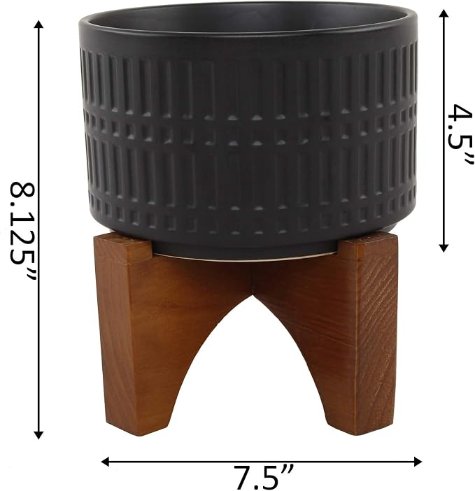 Flora Bunda Mid Century 7 Inch Black Roman Texture Ceramic Planter on Wood Stand Mid-Century, Black Roman 7"