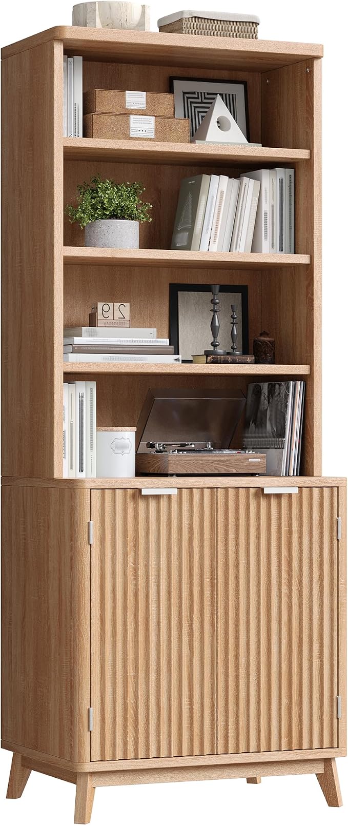DurayLoly Tall Bookshelf, 6-Tier Bookcase with Fluted Doors & Adjustable Shelves, Mid-Century Cabinet, Modern Wooden Book Shelf for Home Office, Living Room, Kitchen, Light Oak