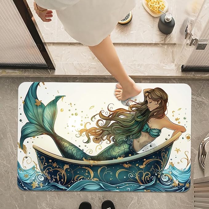 Bath Mat Rug,Beautiful Mermaid Non Slip Quick Dry Super Absorbent Thin Bathroom Rugs Fit Under Door-Easy to Clean Bathroom Floor Mats-Shower Rug for Shower Sink Bathtub(16" x 24"in)