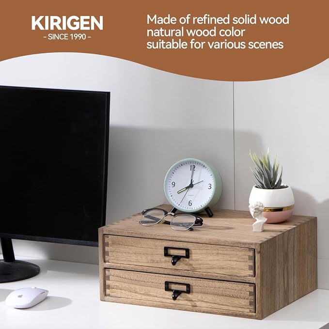KIRIGEN Wooden Desk Organizer with 2 Drawers, Wood Desktop Storage Cabinet, Shallow Office Drawer Organizer for Printer Paper and Mail, No Assembly, 13.78 W x 10.6 D x 5.9 H In, FAX-DBR