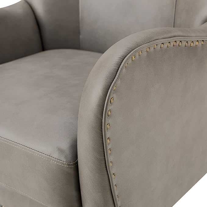 HULALA HOME Faux Leather Accent Chair with Removable Cushion, Comfy Upholstered Armchair with Black Metal Legs & Nailhead Trim Wingback Vanity Chair for Reading Living Room Bedroom, Grey