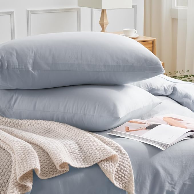 NEXHOME PRO Twin Duvet Cover Set, 100% Washed Cotton with Linen-Like Texture, Natural Organic, Breathable & Comfortable, Includes Home Bedding Set Cornflower Blue (No Comforter) 6890