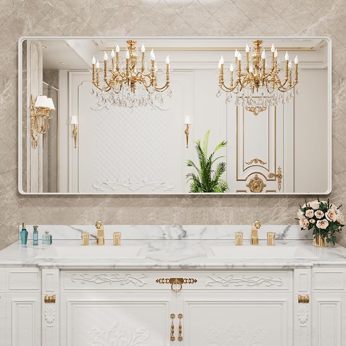 LOAAO 72x40 Inch White Metal Framed Bathroom Mirror for Wall, White Bathroom Vanity Mirror Farmhouse, Large Rounded Rectangle Mirror, Anti-Rust, Tempered Glass, Hangs Horizontally or Vertically
