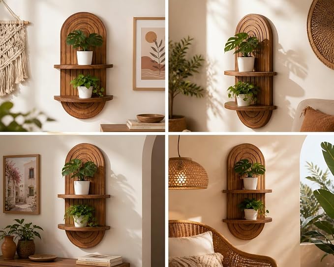 Boho Wall Shelf Decor Plant Wall Shelf Mid Century Modern Decor Hanging Plant Shelves, 2 Tier Wooden Art Floating Shelves for Home Bathroom Bedroom Living Room Planter