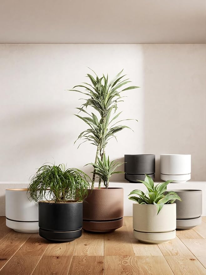 LE TAUCI Large 14 Inch Plant Pot with Saucer | Ceramic Outdoor & Indoor Big Planter Pot | Drainage Hole, Mesh Pad & Plug | Unglazed Porous | Modern Minimalist for Home and Patio – Chalk White
