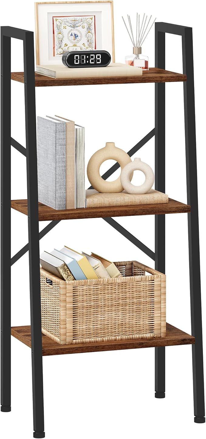 Hoctieon 3-Tier Industrial Ladder Bookshelf, Narrow Ladder Shelf, Tall Standing Bookshelf, Skinny Open Ladder Shelf, for Living Room, Home Office, Kitchen, Bedroom, Metal Frame, Rustic Brown