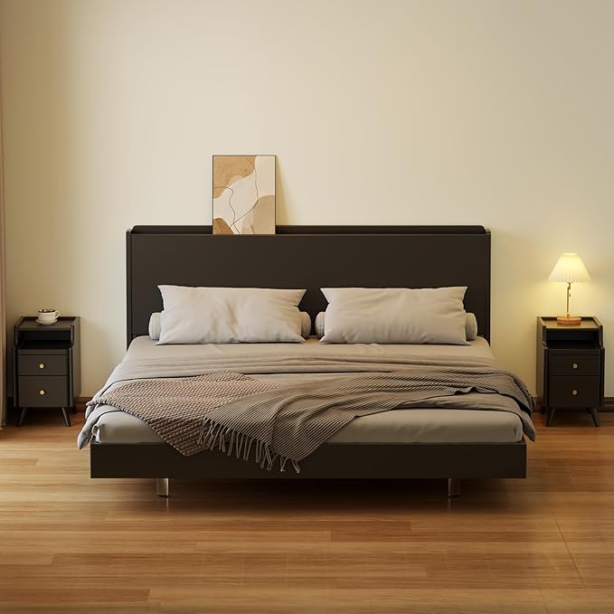AQIMUELE Wood Nightstand, Black Nightstand with 2 Drawers, Bedside Table for Bedroom