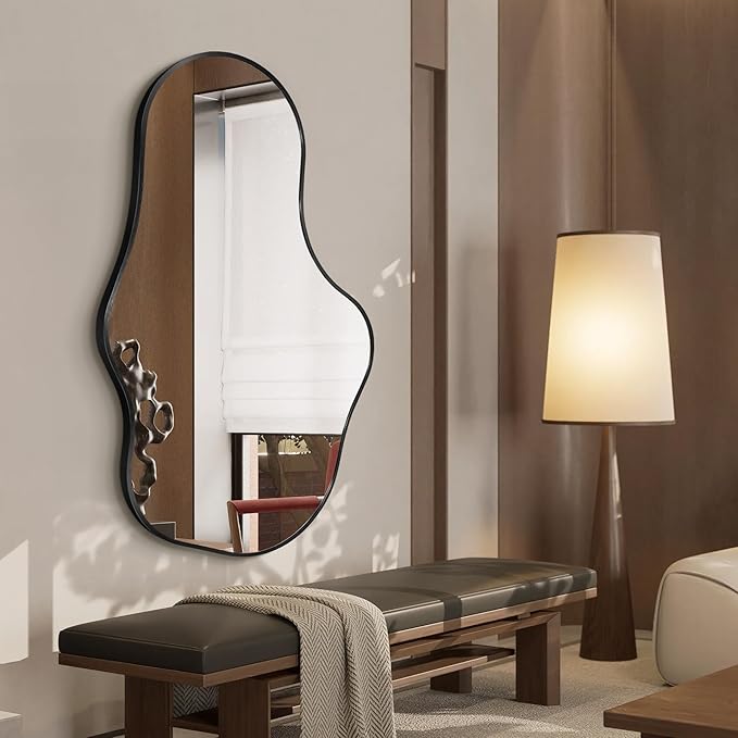 Irregular Wall Mirror - Wall Mirrors Decorative 22"x 36" Asymmetrical Abstract Mirror Aviation Aluminum Alloy Frame Unique for Bathroom, Bedroom, Living Room, Cloakroom, Entryway Black