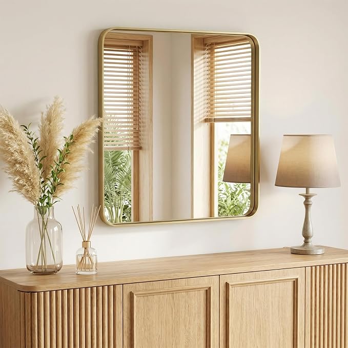 NEWBULIG 28X32 Inch Bathroom Mirror for Over Sink, Wall Vanity Mirrors Tempered Glass, Anti-Rust Metal Framed Rounded Rectangle, Hangs Horizontally or Vertically, Farmhouse Home Decor, Gold