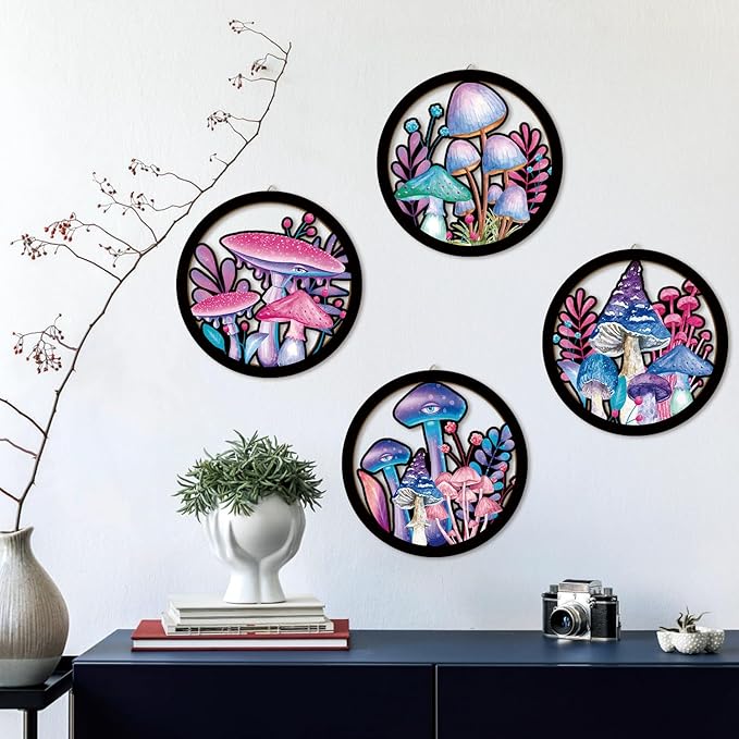HPNIUB Abstract Whimsical Mushroom Cottage Wall Decor, Watercolor Moody Botanical Plant Moss Hanging Sign, 4 Pieces 10''x10'' Vintage Farmhouse Magical Mushroom Artwork for Bedroom Nursery Home Decor