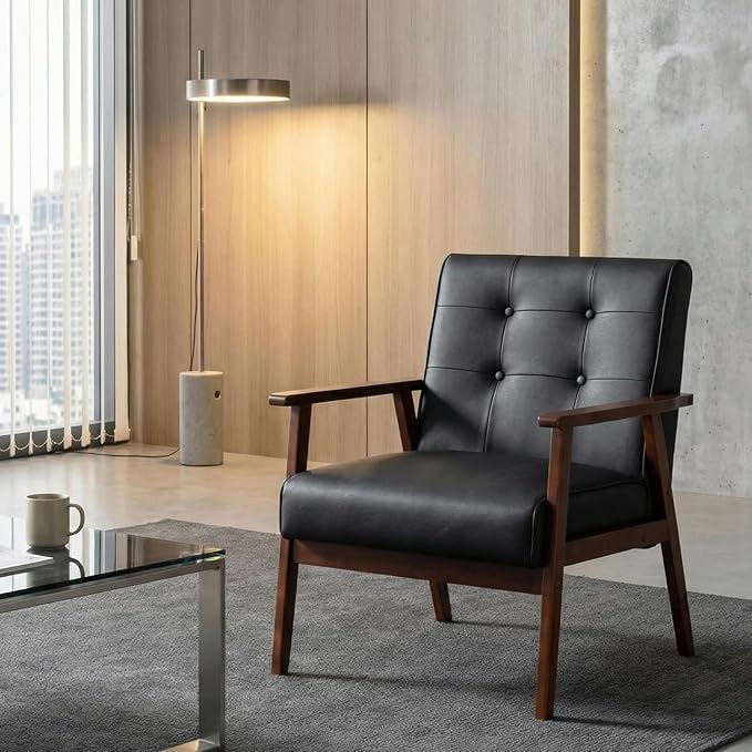 JIASTING Mid-Century Retro Modern Leather Accent Chair Set of 2 Wooden Arm Chair Upholstered Tufted Back Lounge Chairs for Office Living Room