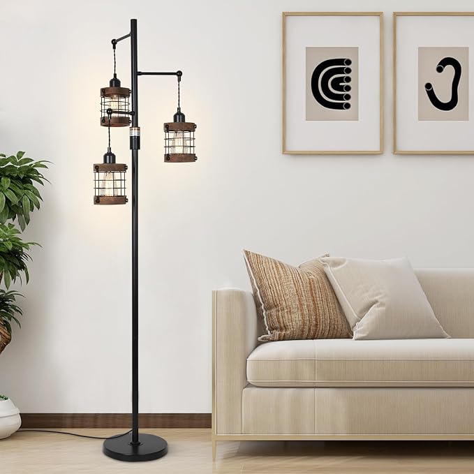 Dimmable Floor Lamps for Living Room, 3-Light Industrial Floor Lamp with Wood & Metal Cage, Farmhouse Standing Lamp Tall Tree Lamp for Bedroom Office, Rustic Black Tall Floor Lamp for Corner