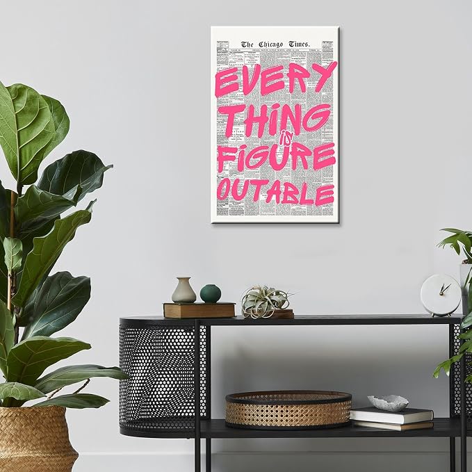Every Thing Is Figure Outable Wall Art Retro Newspaper Pink Font Canvas Poster Positive Affirming Quote Minimalist Prints Painting For Home Bedroom Dorm Wall Decor Aesthetics 24x36in Wrapped Canvas