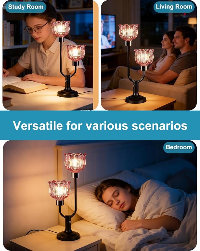Lightdot Mid Century Modern Red Table Lamp Dimmable Vintage Black Flower Desk Lamp Lotus Glass Nightstand Lamp 2 Bulbs Included Warmwhite Ambient Bedside Lamp for Living Room Bedroom Home Office Decor
