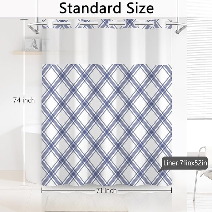 No Hook Plaid Shower Curtain with Snap in Liner - Purple & White Checkered Design, Waterproof Fabric Hotel Shower Curtains for Bathroom with See Through Mesh Top Window, 71x74 Inch