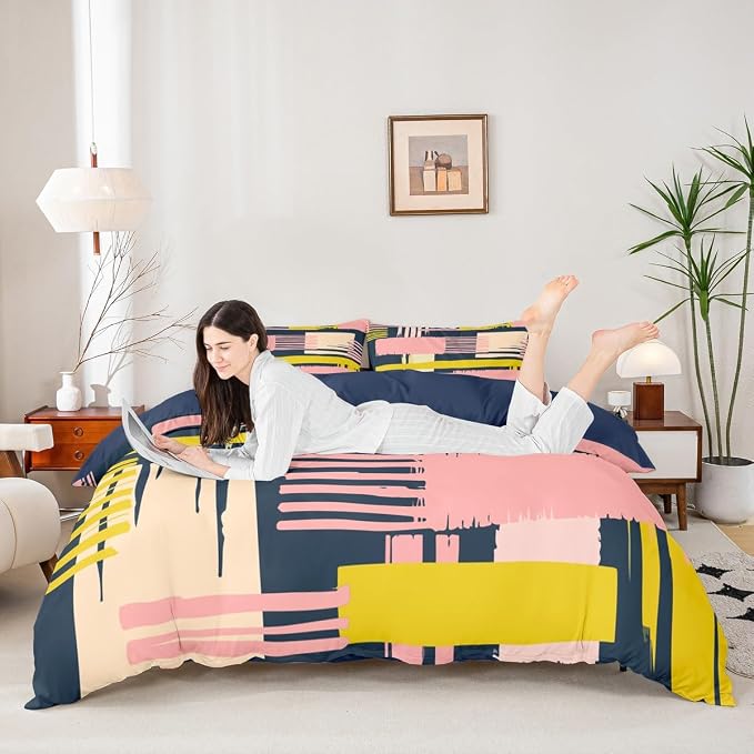 Erosebridal Vintage Mid Century Bedding Sets King Retro Minimalism Comforter Cover Hippie Watercolor Bed Set Pink Beige Navy Ombre Duvet Cover, Geometric Stripe Patchwork Quilt Cover Abstract Decor