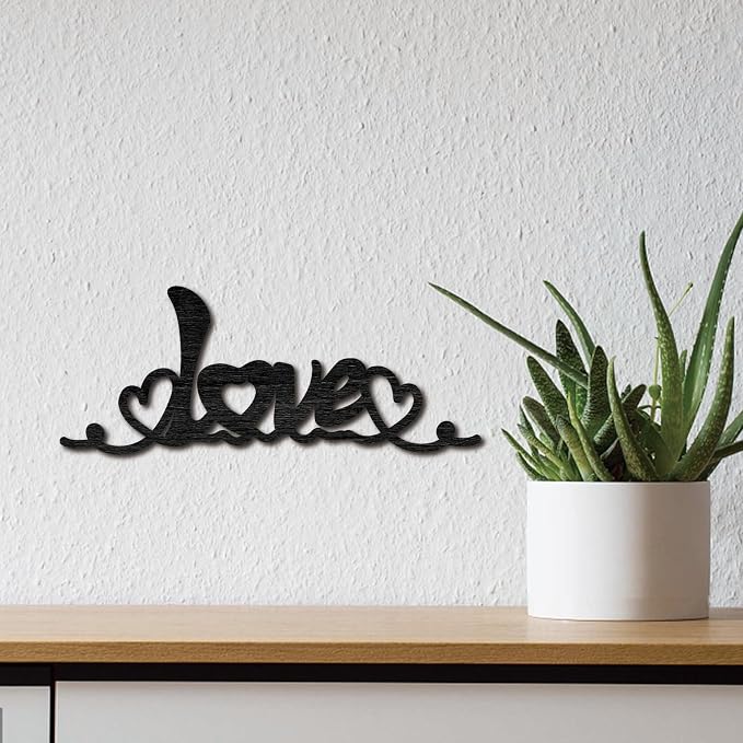 CREATCABIN Love Letter Cutouts Laser Cut Wooden Hearts Valentine's Day Sign Wood Black Wall Art Hanging Sculpture for Wreath Front Door Wall Home Hotel Wedding Birthday Party Decoration 11.8x4.7in