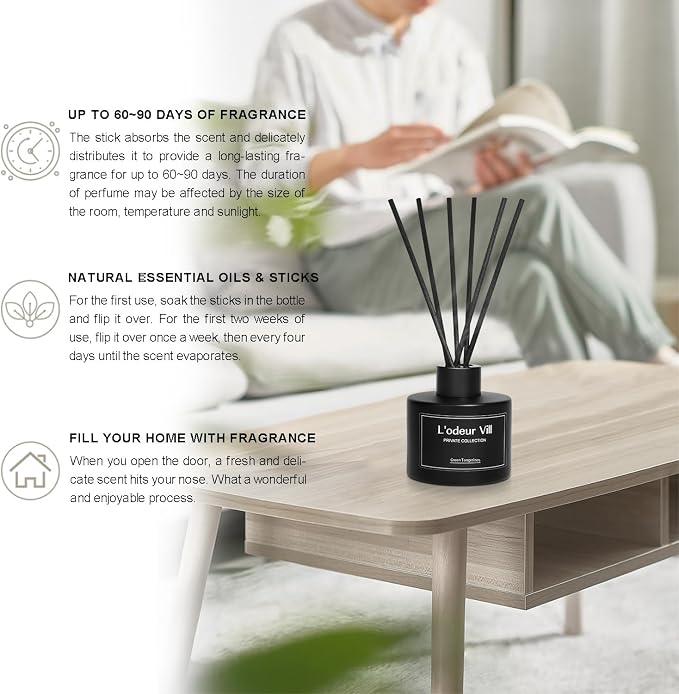 L'odeur Vill Reed Diffuser, 3.4oz(100ml) Green Tangerines Reed Diffuser Set with 6 Oil Diffuser Sticks, Matte Black Aroma Scent Diffuser, Long Lasting Home Fragrance for Bathroom Shelf Decor
