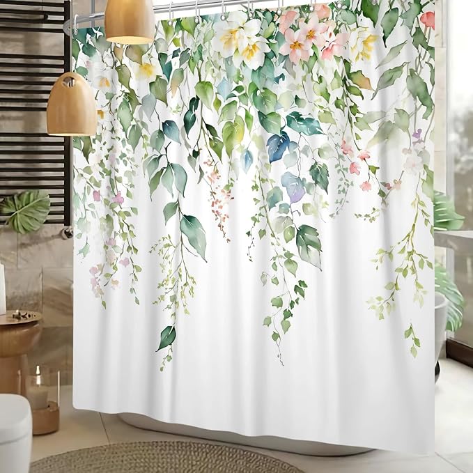 Sage Green Eucalyptus Shower Curtain Watercolor Botanical Floral Leaves Shower Curtain Set Spring Nature Bathroom Decor with 12 Hooks,72x84 Inches