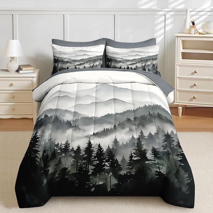Nesker Comforter Set King Size, Ink Forest 7 Pcs Bedding for Kids and Adults, Misty Mountains Bed Sheet Sets with Fitted Sheet 2 Pillowcases & 2 Shams