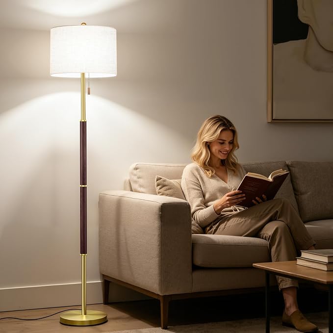 62" Mid Century Modern Floor Lamp, Walnut Standing Lamp with 3-Color Temperature and Pull Chain, Weighted Anti-Tip Base for Safety, Floor Lamps for Living Room Bedroom Corner (6500K Bulb Included)