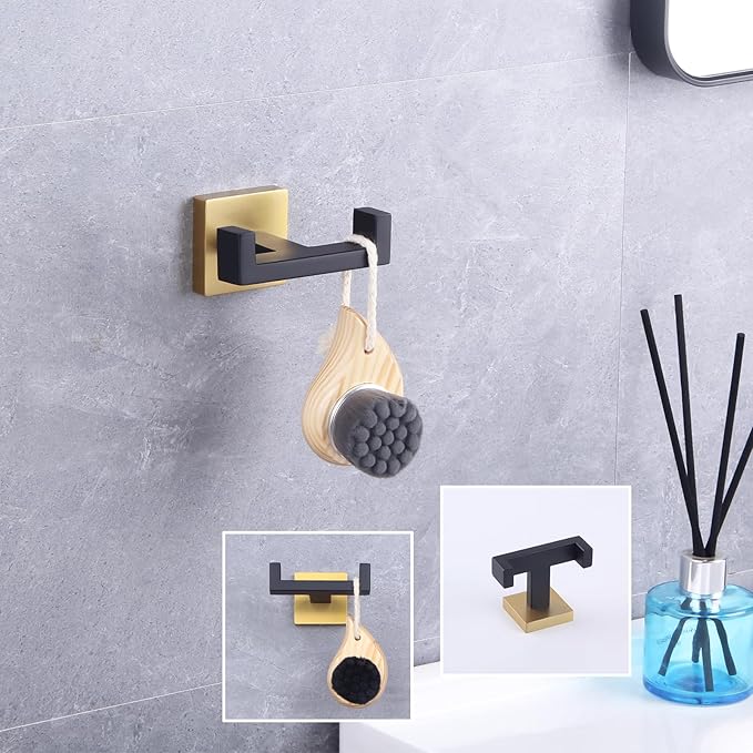 GERZWY Stainless Steel Coat/Robe Clothes Hook for Bath Kitchen Modern Hotel Style, Bathroom Double Towel Hook Wall Mounted (Black & Gold) AG1407B-BD