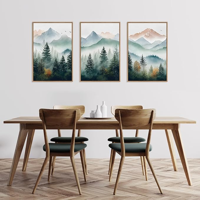 HLNIUC Misty Mountain Forest Framed Wall Art Set,Green Fog Pine Tree Wall Decor,Natural Foggy Forest Scenic Canvas Wall Painting,Fog forest Landscape Art Print for Living Room,Bedroom,Office - 16”x24”x3