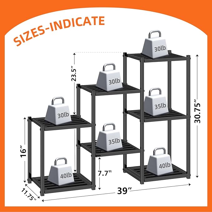 Simple Trending Plant Stand Indoor Outdoor, Heavy Duty Metal Waterproof 7 Tiered Plant Shelf for Multiple Flower Planter Holder Tall Large Rack, Black