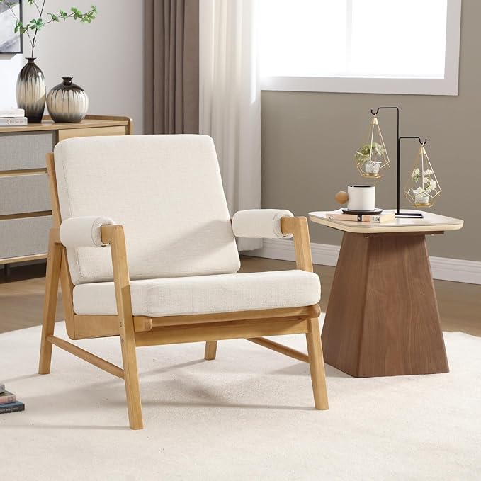 CIMOTA Mid Century Modern Accent Chair Set of 2, Linen Upholstered Living Room Chairs with Arms, Comfy Reading Chair with Solid Wood Frame, High Back for Bedroom, Waiting Room, Office, Beige