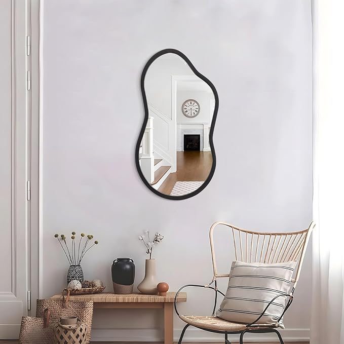 AAZZKANG Black Wall Mirror with Wood Framed Small Irregular Hanging Mirrors Modern Asymmetrical for Bedroom Living Room Entryway Bathroom Decorative 18"x10"