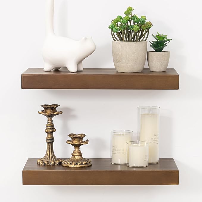 Marsmiles Wood Floating Shelves | Rustic Dark Wood Wall Shelves Set of 2 | 16" W x 7.7" D x 1.6" H Dark Wooden Shelves for Bathroom Living Room Kitchen