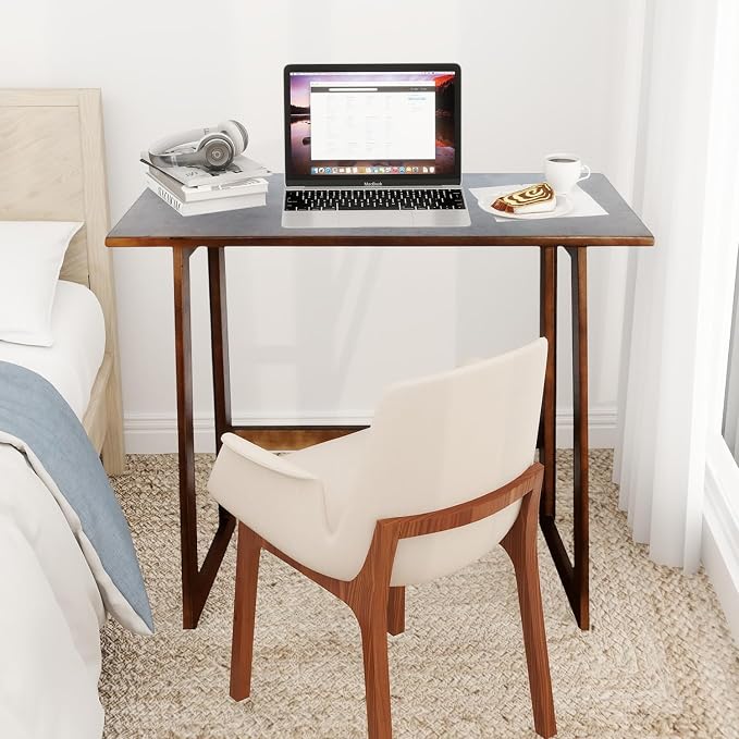Solid Wood Folding Desk Mid Century Modern Table, 47'' Foldable Writing Computer Desk for Home Office, Simple Study Makeup Workstation, Wooden Study Office Desk Table for Small Spaces