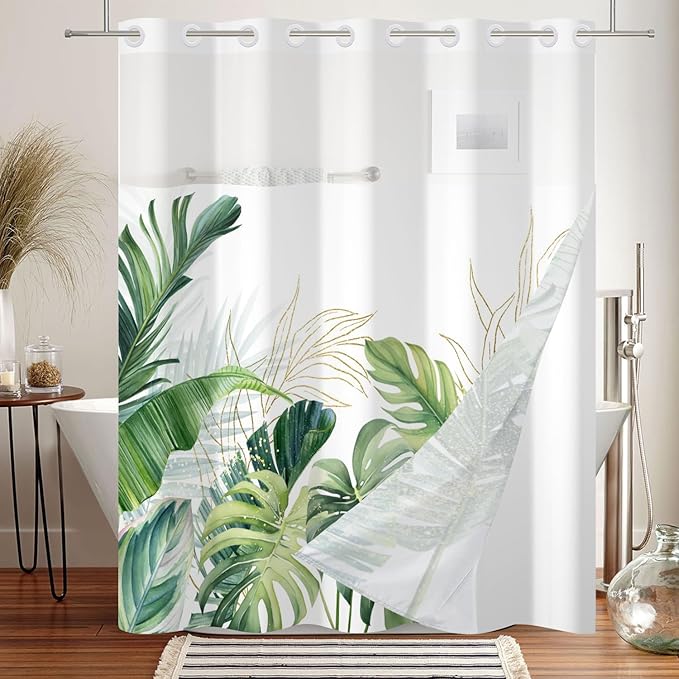 No Hook Shower Curtain Tropical Palm Leaf Shower Curtain with Snap in Liner Set Modern Green Plants Jungle Bathroom Curtains Double Layers Washable 71x74 Inch