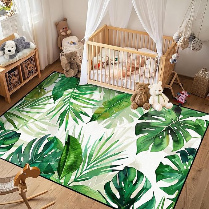 4'x6' Tropical Palm Leaf Rug Monstera Banana Leaves Floor Mat for Bedroom Living Room Nursery Playroom Classroom Home Decor Washable Low Pile Green Botanical Area Rug