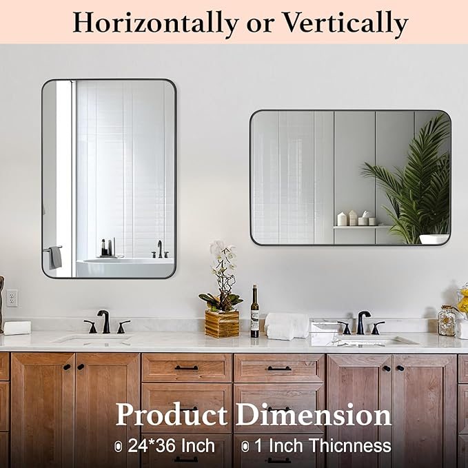Black Bathroom Mirror 24X36 Inch Rounded Rectangle Wall Mirror Stainless Steel Metal Frame Vanity Mirror Anti-Rust for Entryway, Bathroom, Vanity, Living Room Hangs Vertically or Horizontally