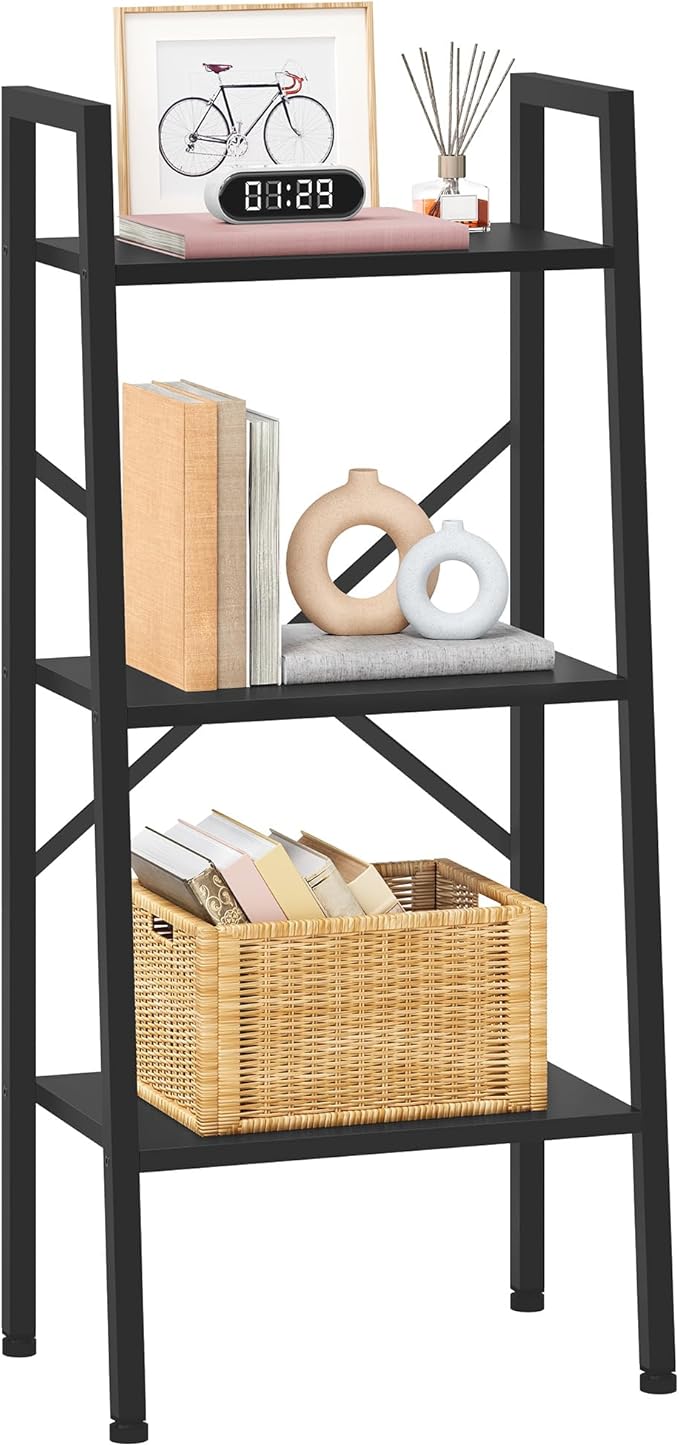 Hoctieon 3-Tier Industrial Ladder Bookshelf, Narrow Ladder Shelf, Tall Standing Bookshelf, Skinny Open Ladder Shelf, for Living Room, Home Office, Kitchen, Bedroom, Metal Frame, Black