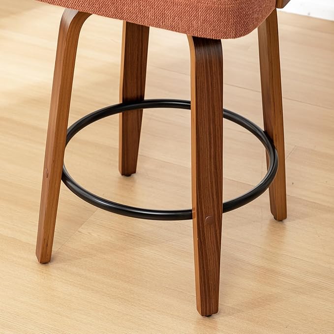 30" Swivel Rattan Bar Stools Set of 2,Mid-Century Modern Orange Linen Fabric Upholstered Counter Height Stools,Kitchen Island Barstools with Rattan Low Backrest,Walnut Wood Finish Bar Chair