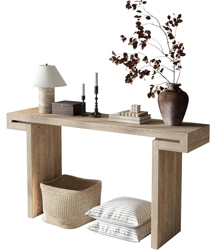 Wood Console Table, 60" Retro Long Sofa Table Behind Couch with Real Wood Veneered, Farmhouse Wooden Narrow Sofa Table Hall Table for Living Room Foyer Entrance Entryway, Natural