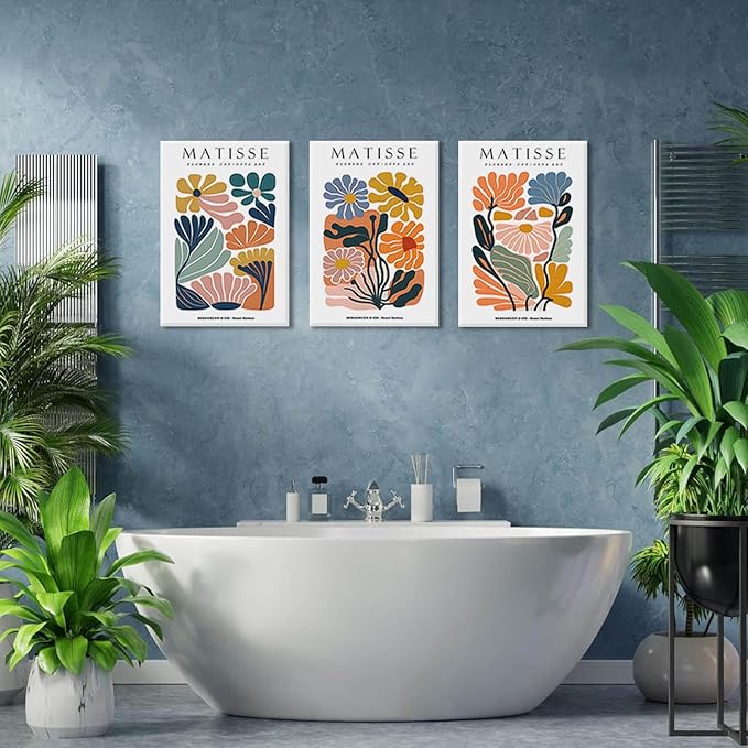 3Pcs Framed 16x24in Matisse Wall Art Canvas Colorful Boho Flower Posters Abstract Pictures Minimalist Plant Leaves Painting Prints Decor Aesthetic for Living Room Bedroom Dorm