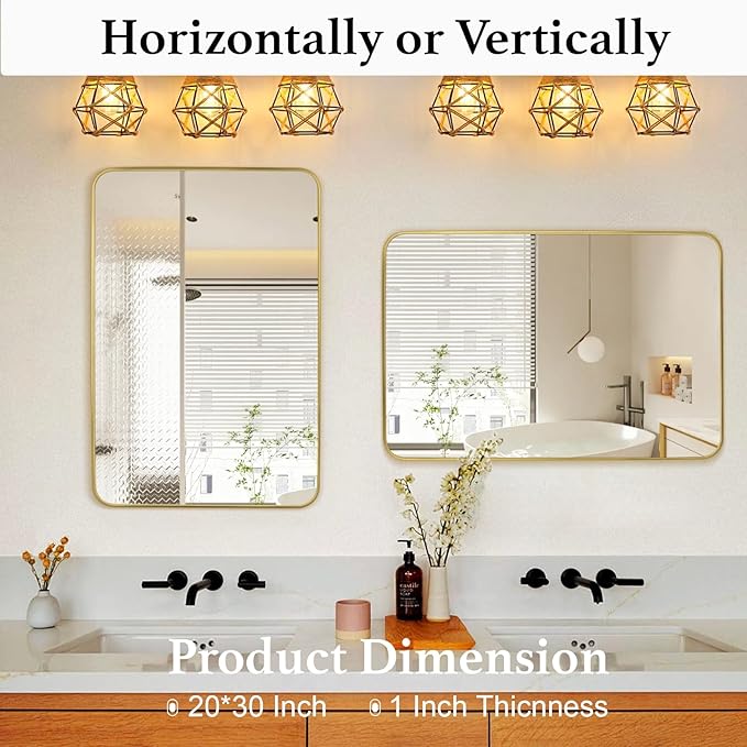 Gold Mirror Bathroom 20X30 Inch Stainless Steel Metal Frame Brushed Gold Mirrors for Wall Vanity Mirror Rounded Rectangle Mirror Rustproof 1’’ Deep Wall Mounted Hangs Vertically or Horizontally