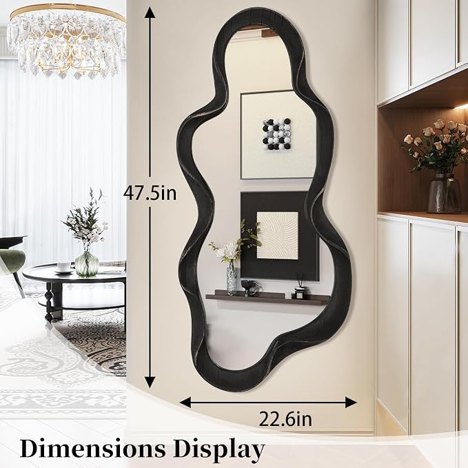 Asymmetrical Irregular Wall Mirror Modern Wooden Frame Mirrors Modern and Stylish Cloud Wavy Mirrors Decorative for Cloakroom Bedroom Living Room Bathroom Entryway 47" x 22"