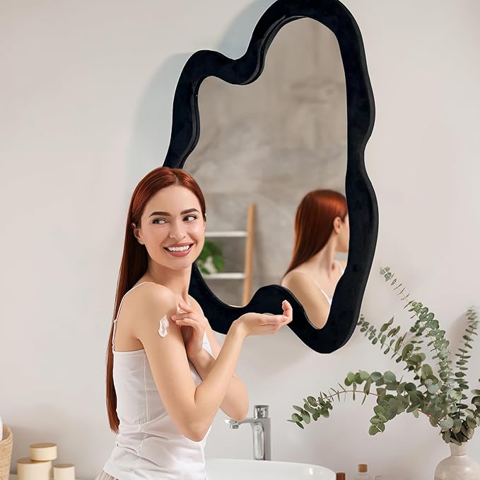 Irregular Wall Mirror Asymmetrical Mirror, Black Wavy Mirror with Flannel Frame, Decorative Wall Mirror for Bedroom, Livingroom, Entryway, 28"x 36"
