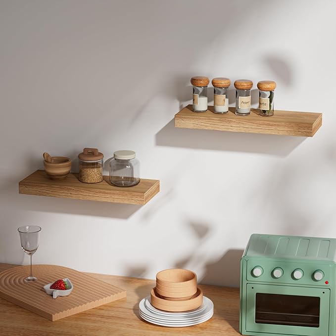 INHABIT UNION Oak Floating Shelves Wood for Wall 15.7in Wall Mounted Display Ledge Shelves Perfect for Bedroom, Bathroom, Living Room and Kitchen Decoration Storage (Set of 2)