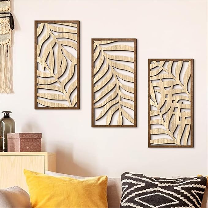3 Pcs Tropical Leaf Wood Wall Art Decor, Wooden Minimalist Wall Hanging Decor, 3D Hollow Carved Craft Art Set, Boho Abstract Wall Sculptures Panels Decoration for Home Living Room Bedroom Kitchen (C)